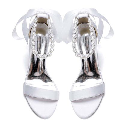 Women's Satin Ankle Strap Block Heel Sandals with Pearl Detail | Bridal Wedding Shoes