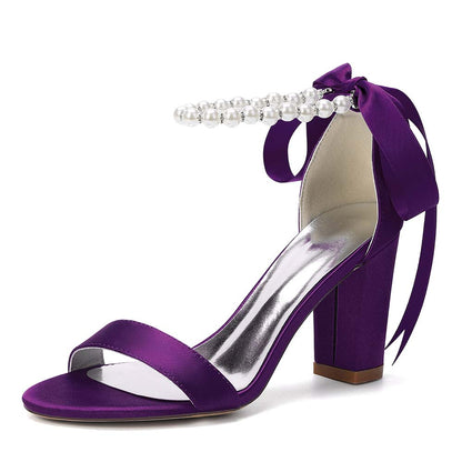 Women's Satin Ankle Strap Block Heel Sandals with Pearl Detail | Bridal Wedding Shoes