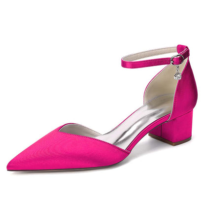 Women's Satin Ankle Strap Block Heel Shoes | Pointed Toe Dress Pumps for Wedding/Party/Formal Events