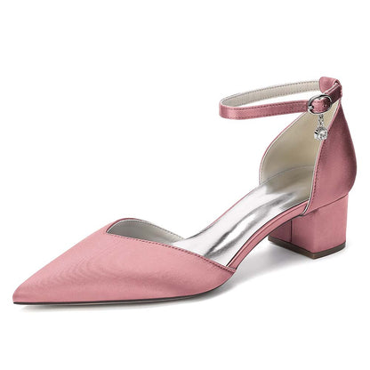 Women's Satin Ankle Strap Block Heel Shoes | Pointed Toe Dress Pumps for Wedding/Party/Formal Events