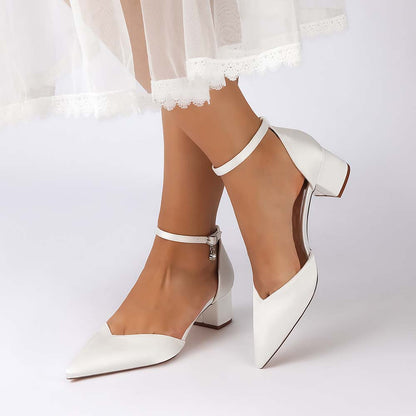 Women's Satin Ankle Strap Block Heel Shoes | Pointed Toe Dress Pumps for Wedding/Party/Formal Events