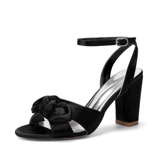 Women's Satin Ankle Strap Chunky Heel Sandals with Bow | Bridal Wedding Shoes & Formal Party Dress Footwear