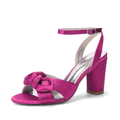 Women's Satin Ankle Strap Chunky Heel Sandals with Bow | Bridal Wedding Shoes & Formal Party Dress Footwear