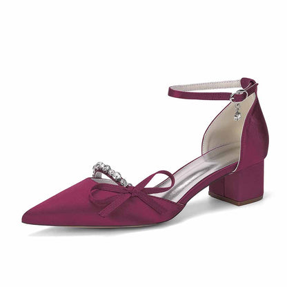 Women's Satin Ankle Strap Heels with Bow & Rhinestone Detail - Block Heel Pointed Toe Pumps for Formal Events & Weddings