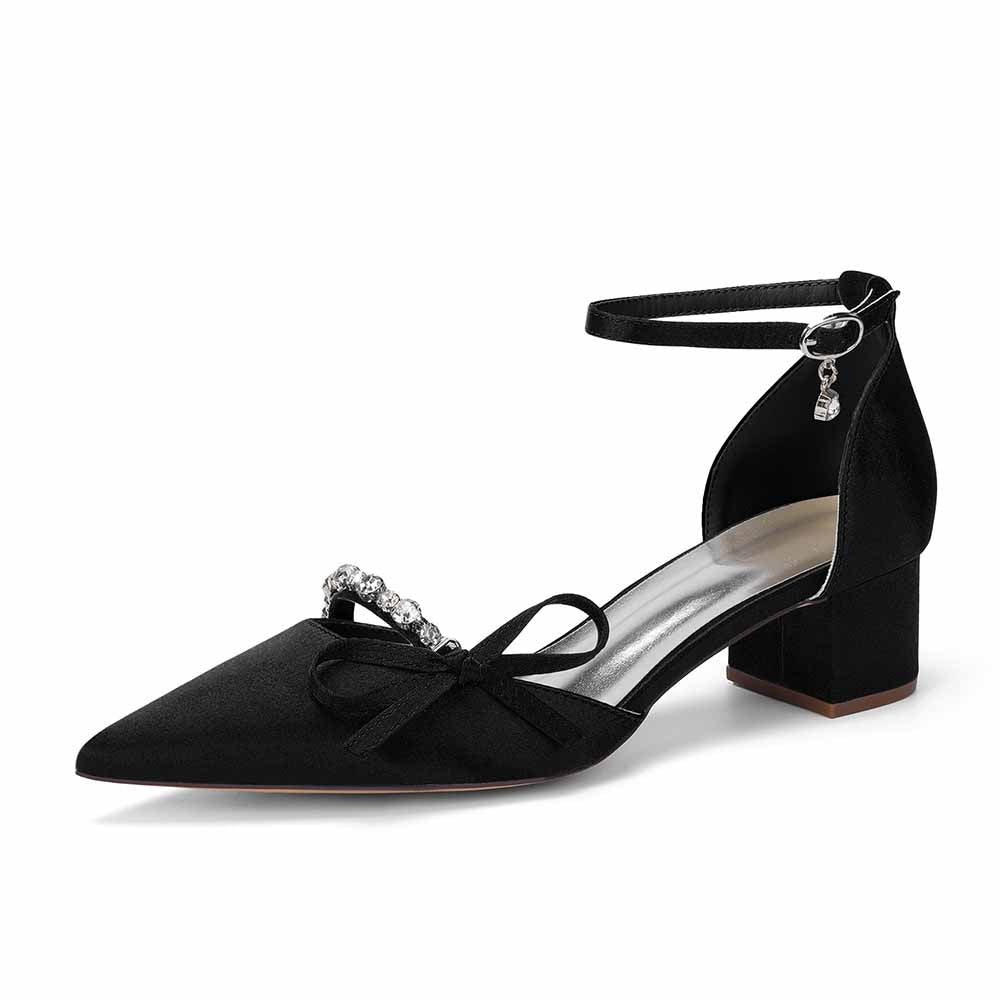 Women's Satin Ankle Strap Heels with Bow & Rhinestone Detail - Block Heel Pointed Toe Pumps for Formal Events & Weddings