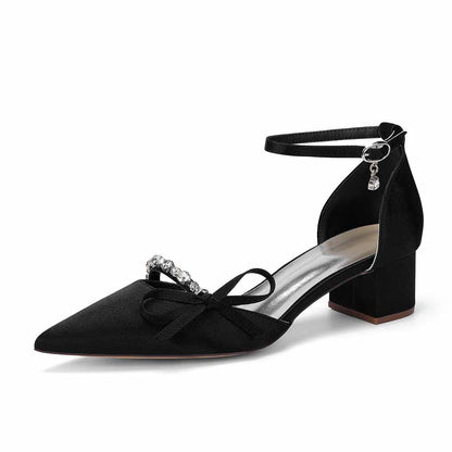 Women's Satin Ankle Strap Heels with Bow & Rhinestone Detail - Block Heel Pointed Toe Pumps for Formal Events & Weddings