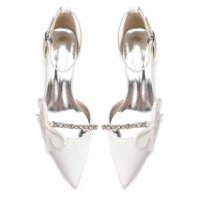 Women's Satin Ankle Strap Heels with Bow & Rhinestone Detail - Block Heel Pointed Toe Pumps for Formal Events & Weddings