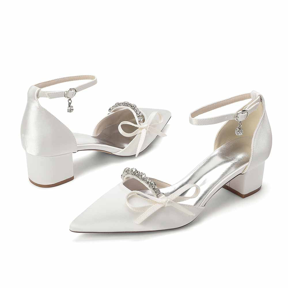 Women's Satin Ankle Strap Heels with Bow & Rhinestone Detail - Block Heel Pointed Toe Pumps for Formal Events & Weddings