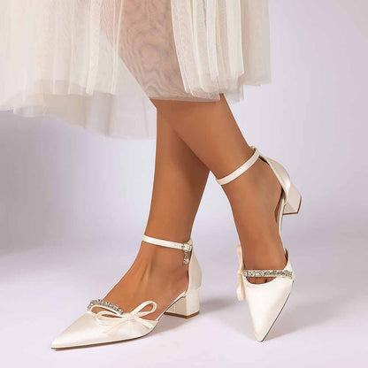 Women's Satin Ankle Strap Heels with Bow & Rhinestone Detail - Block Heel Pointed Toe Pumps for Formal Events & Weddings