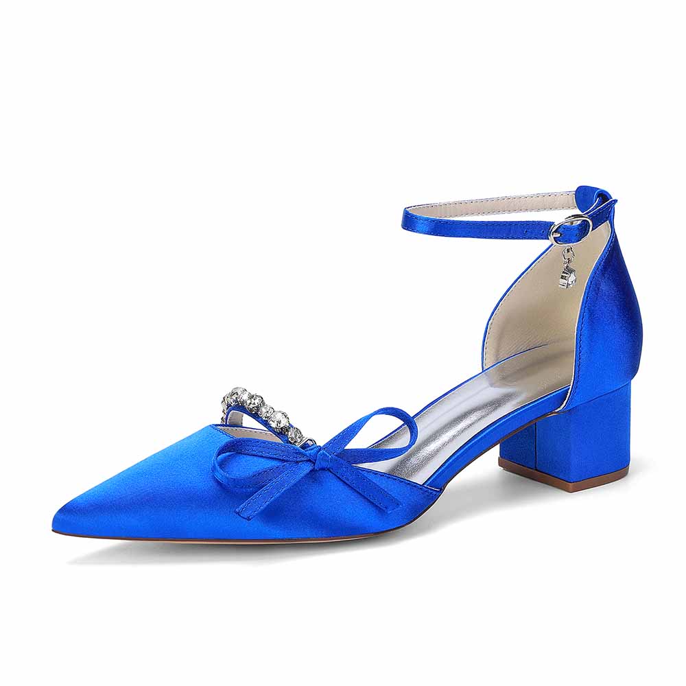 Women's Satin Ankle Strap Heels with Bow & Rhinestone Detail - Block Heel Pointed Toe Pumps for Formal Events & Weddings