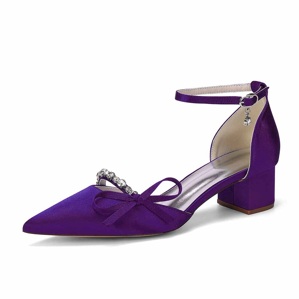 Women's Satin Ankle Strap Heels with Bow & Rhinestone Detail - Block Heel Pointed Toe Pumps for Formal Events & Weddings