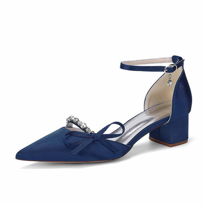 Women's Satin Ankle Strap Heels with Bow & Rhinestone Detail - Block Heel Pointed Toe Pumps for Formal Events & Weddings