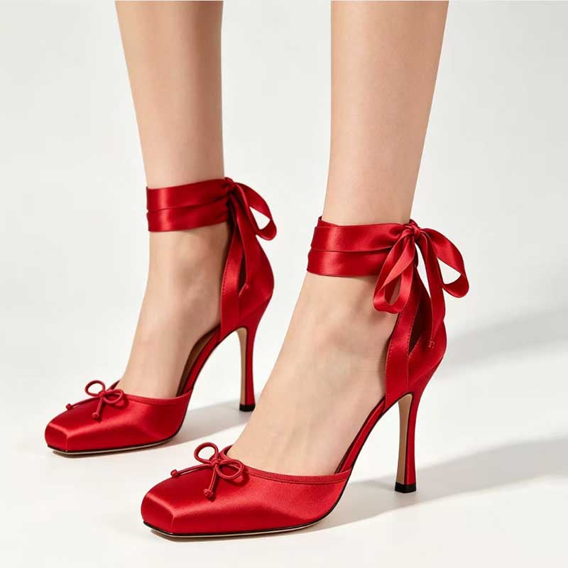 Women’s Satin Ankle Wrap Heels | Bow Detail Square Toe Stiletto Pumps