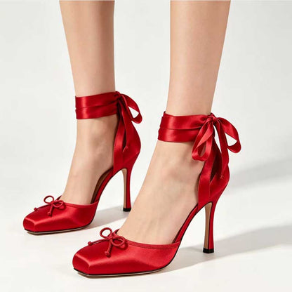 Women’s Satin Ankle Wrap Heels | Bow Detail Square Toe Stiletto Pumps