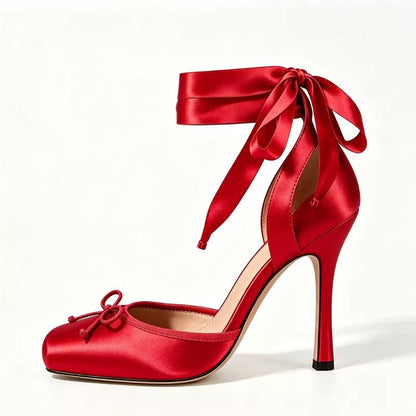 Women’s Satin Ankle Wrap Heels | Bow Detail Square Toe Stiletto Pumps