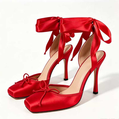 Women’s Satin Ankle Wrap Heels | Bow Detail Square Toe Stiletto Pumps