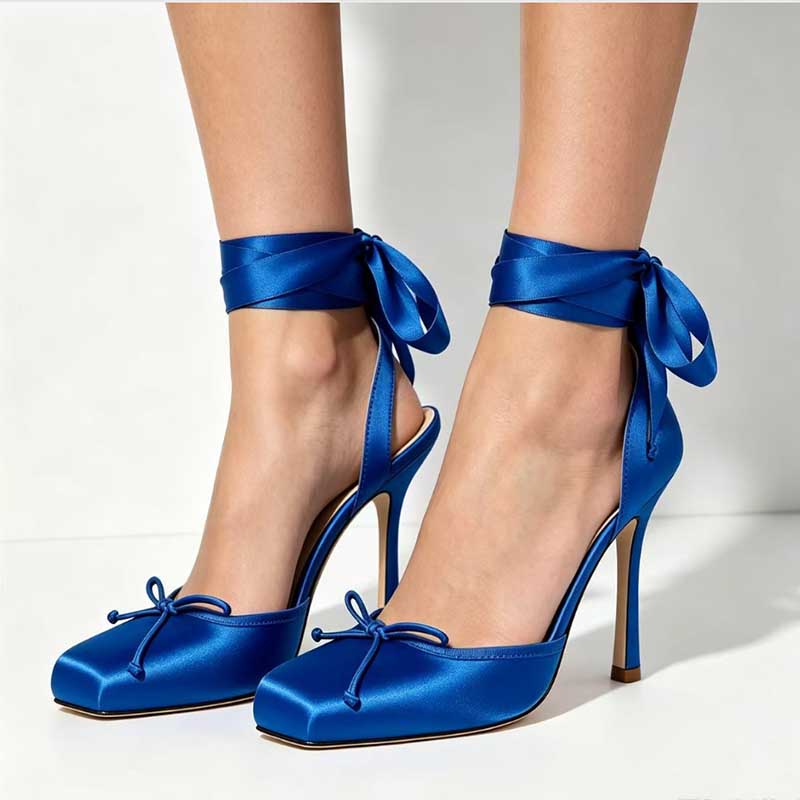 Women’s Satin Ankle Wrap Heels | Bow Detail Square Toe Stiletto Pumps