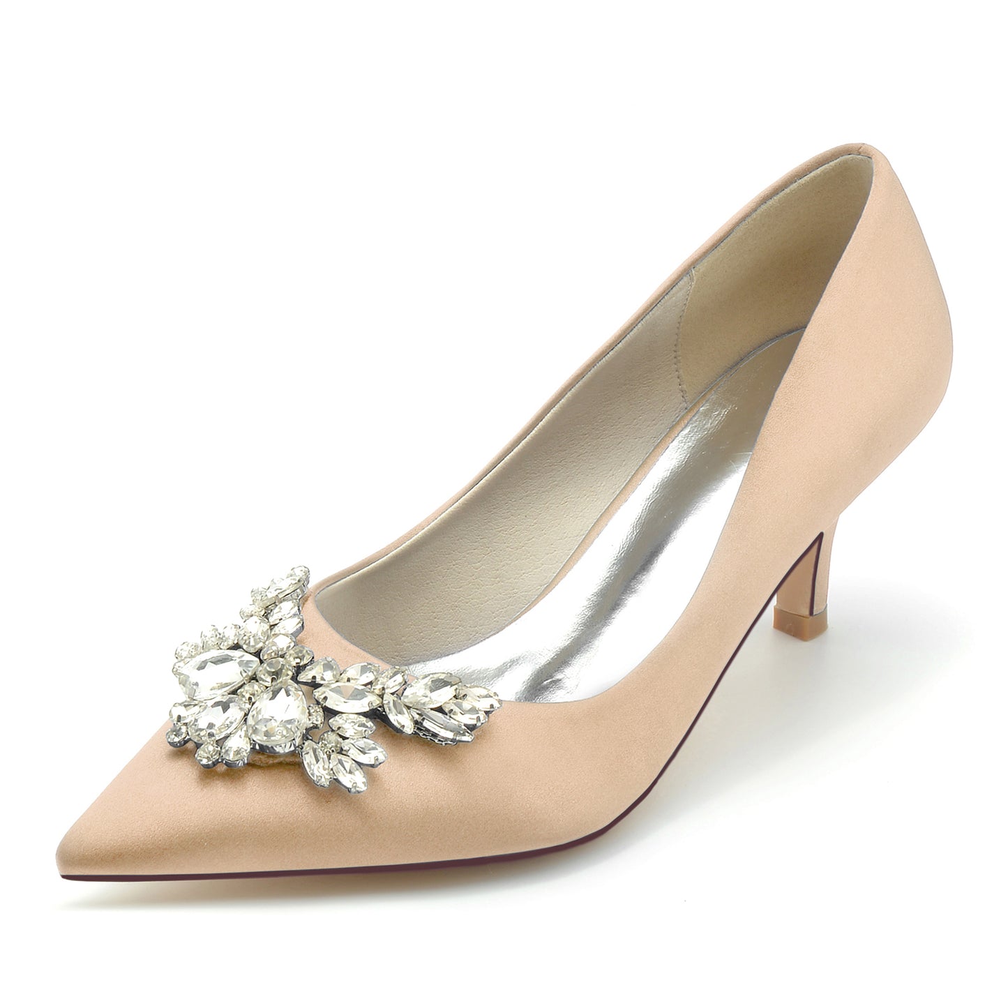 Women's Satin Pointed-Toe Wedding Shoes For Bridal Crystal Bow Low Heels Pumps