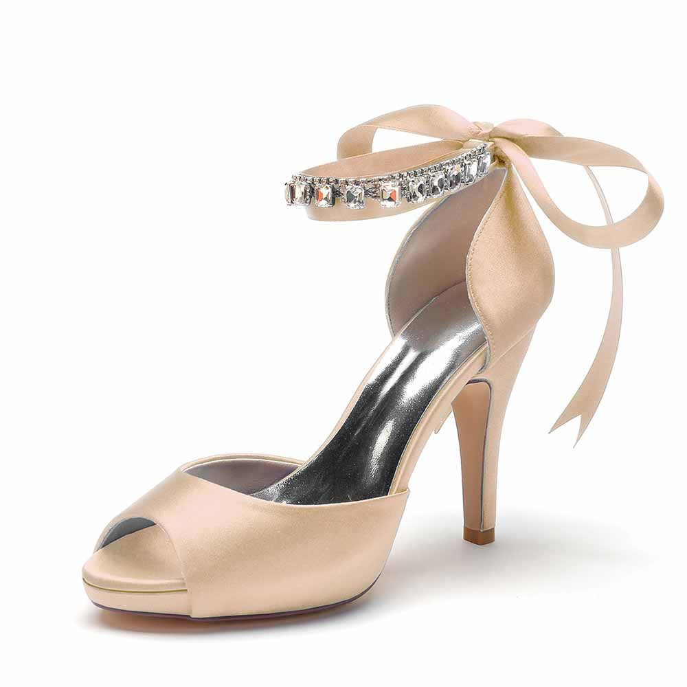 Women's Satin Peep-Toe Wedding Shoes Prom Heels Beaded Lace-Up Pumps