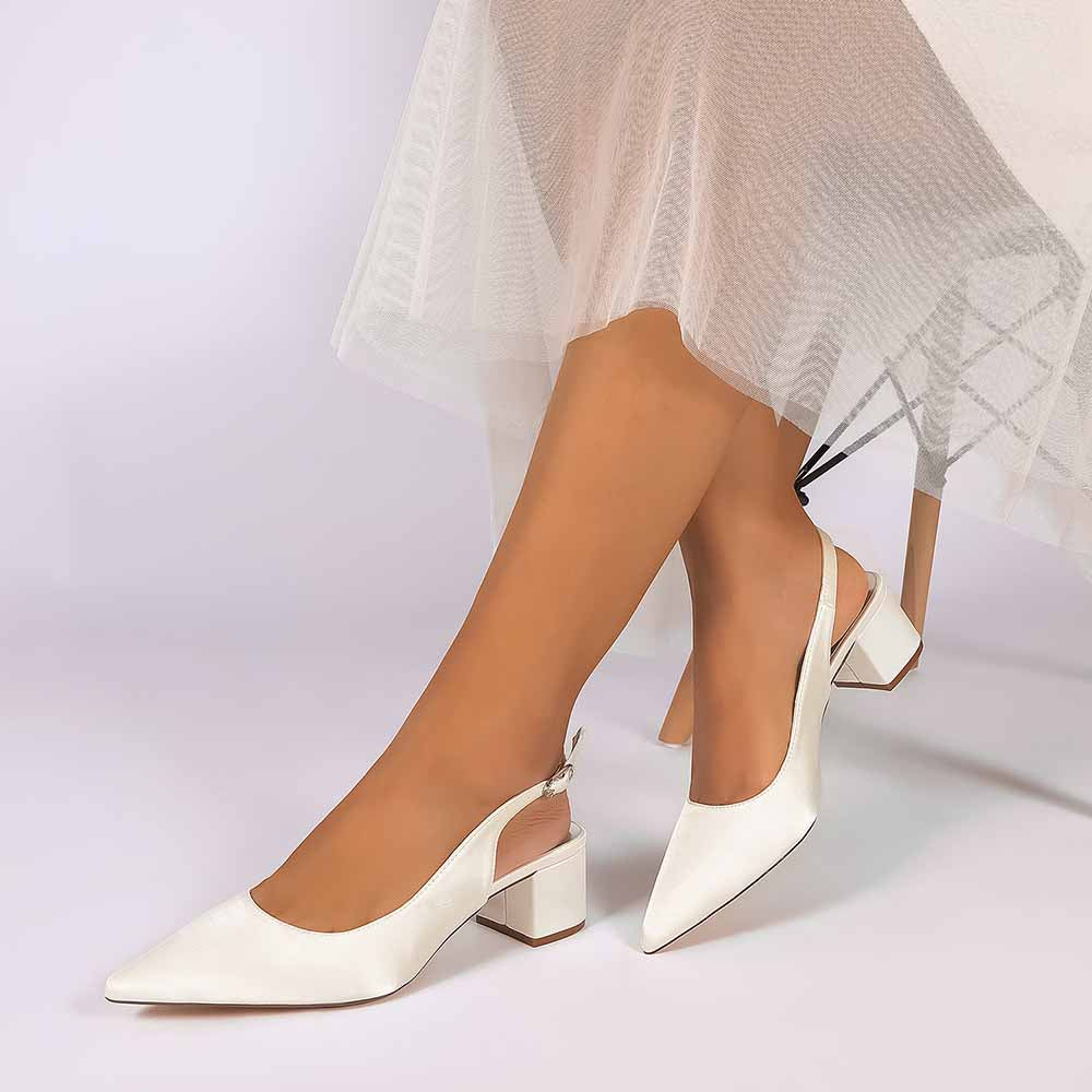 Women's Satin Point Toe Slingback Mid Heel Sandals | Wedding Party Shoes for Brides
