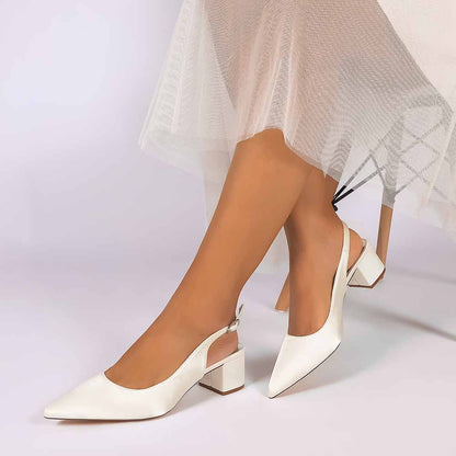 Women's Satin Point Toe Slingback Mid Heel Sandals | Wedding Party Shoes for Brides