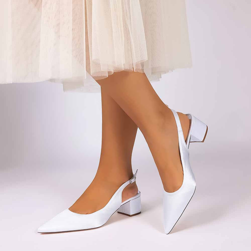 Women's Satin Point Toe Slingback Mid Heel Sandals | Wedding Party Shoes for Brides