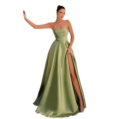 Women's Satin Strapless Maxi Dress High Slit Formal Evening Gown for Prom Party