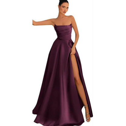 Women's Satin Strapless Maxi Dress High Slit Formal Evening Gown for Prom Party