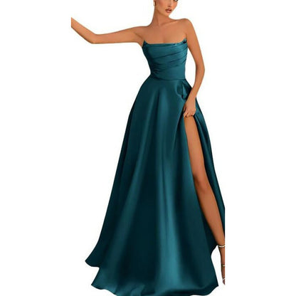 Women's Satin Strapless Maxi Dress High Slit Formal Evening Gown for Prom Party