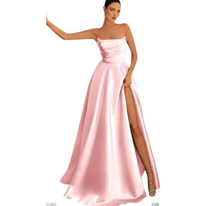 Women's Satin Strapless Maxi Dress High Slit Formal Evening Gown for Prom Party