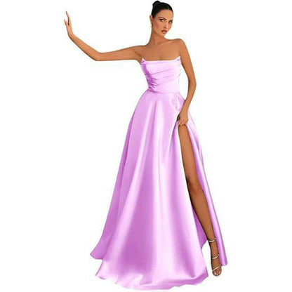 Women's Satin Strapless Maxi Dress High Slit Formal Evening Gown for Prom Party