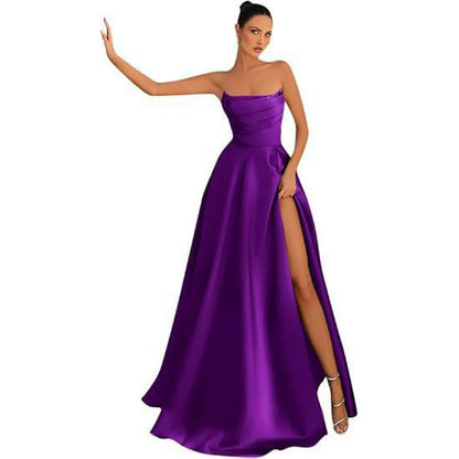 Women's Satin Strapless Maxi Dress High Slit Formal Evening Gown for Prom Party
