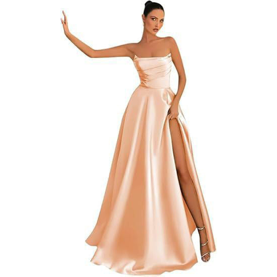 Women's Satin Strapless Maxi Dress High Slit Formal Evening Gown for Prom Party