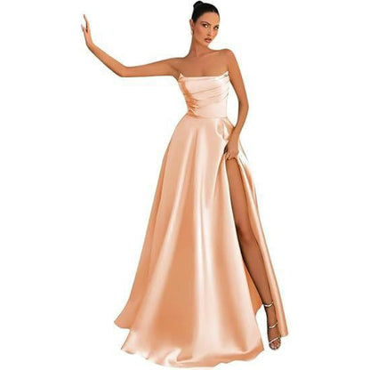 Women's Satin Strapless Maxi Dress High Slit Formal Evening Gown for Prom Party