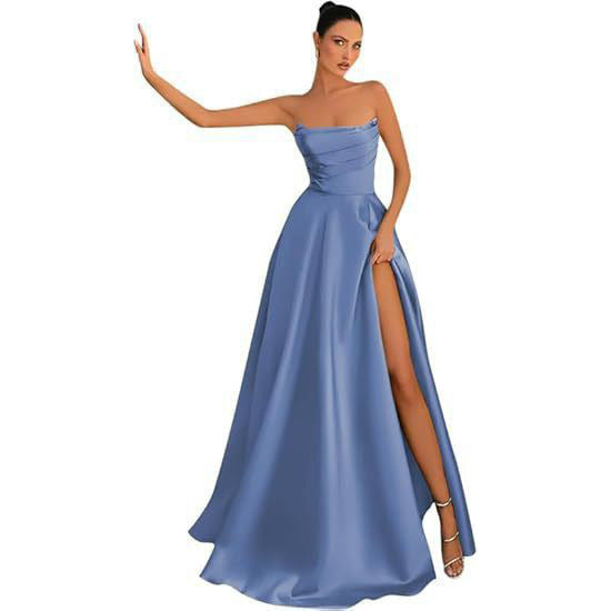 Women's Satin Strapless Maxi Dress High Slit Formal Evening Gown for Prom Party