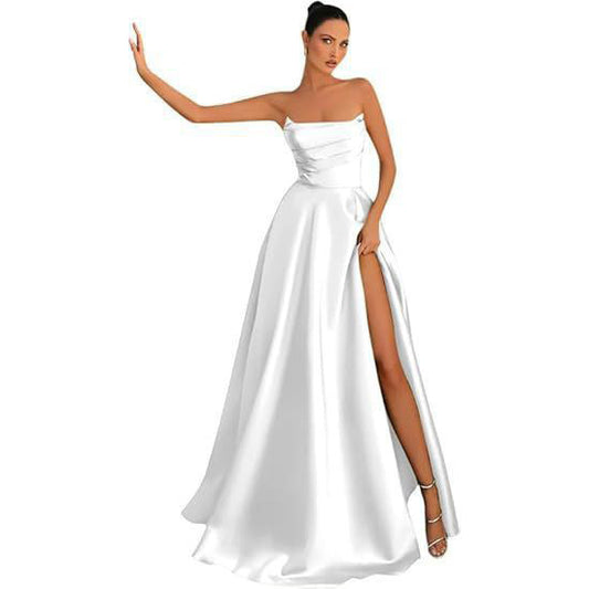 Women's Satin Strapless Maxi Dress High Slit Formal Evening Gown for Prom Party