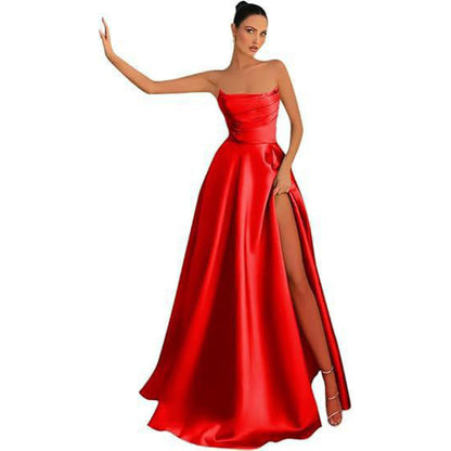 Women's Satin Strapless Maxi Dress High Slit Formal Evening Gown for Prom Party