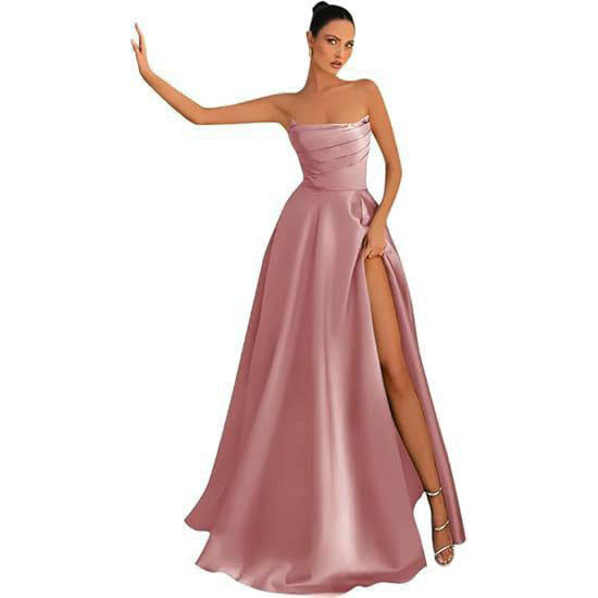 Women's Satin Strapless Maxi Dress High Slit Formal Evening Gown for Prom Party