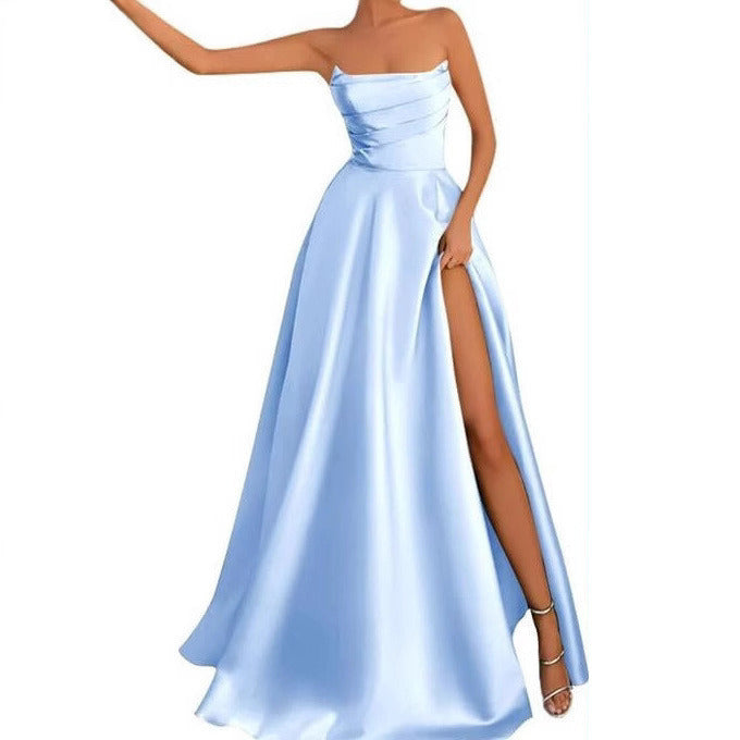 Women's Satin Strapless Maxi Dress High Slit Formal Evening Gown for Prom Party