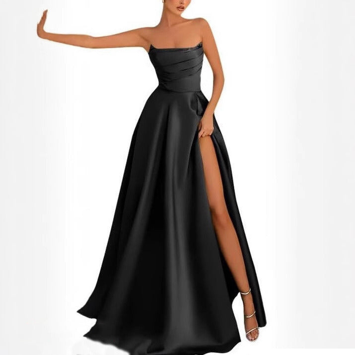 Women's Satin Strapless Maxi Dress High Slit Formal Evening Gown for Prom Party