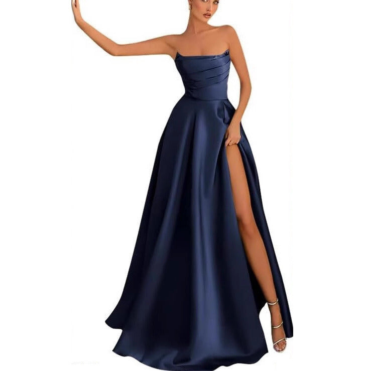 Women's Satin Strapless Maxi Dress High Slit Formal Evening Gown for Prom Party