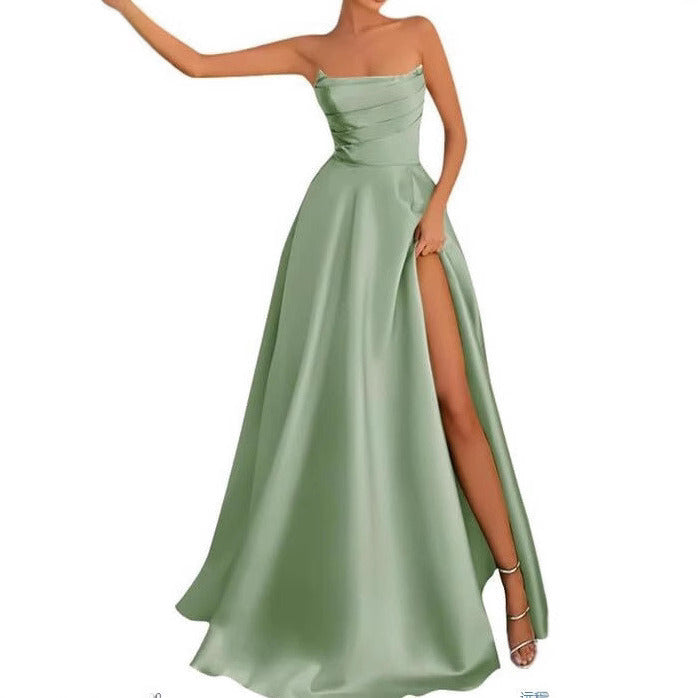 Women's Satin Strapless Maxi Dress High Slit Formal Evening Gown for Prom Party