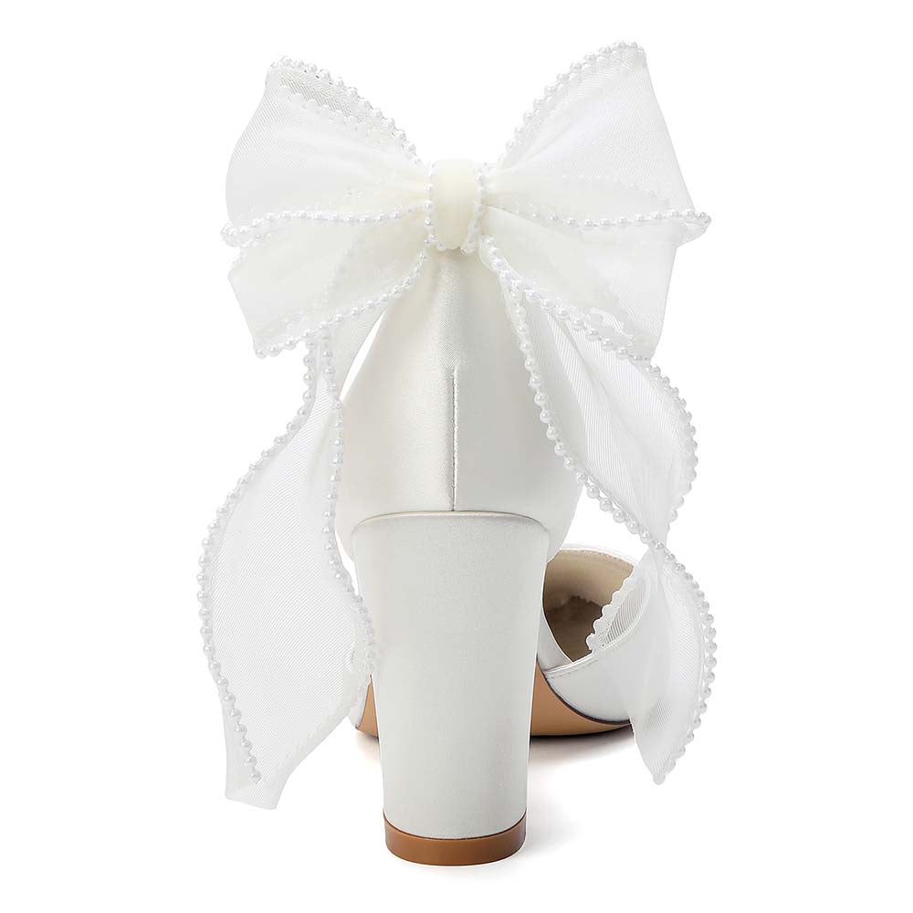 Women's Satin Wedding Shoes Chunky Heel Ankle Strap Bowknot Bridal Pumps