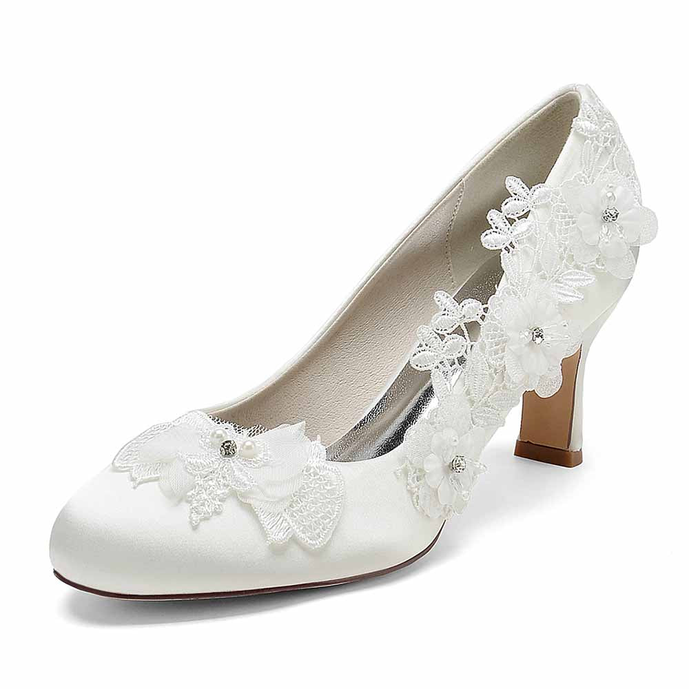 Women's Satin Wedding Shoes White Flower Appliqued Low Heeled Bridal Heels