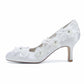 Women's Satin Wedding Shoes White Flower Appliqued Low Heeled Bridal Heels