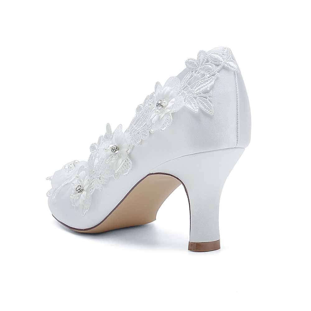 Women's Satin Wedding Shoes White Flower Appliqued Low Heeled Bridal Heels