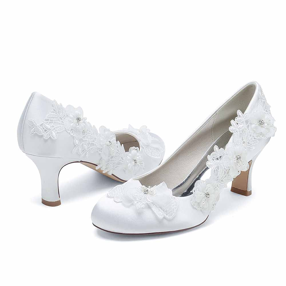 Women's Satin Wedding Shoes White Flower Appliqued Low Heeled Bridal Heels