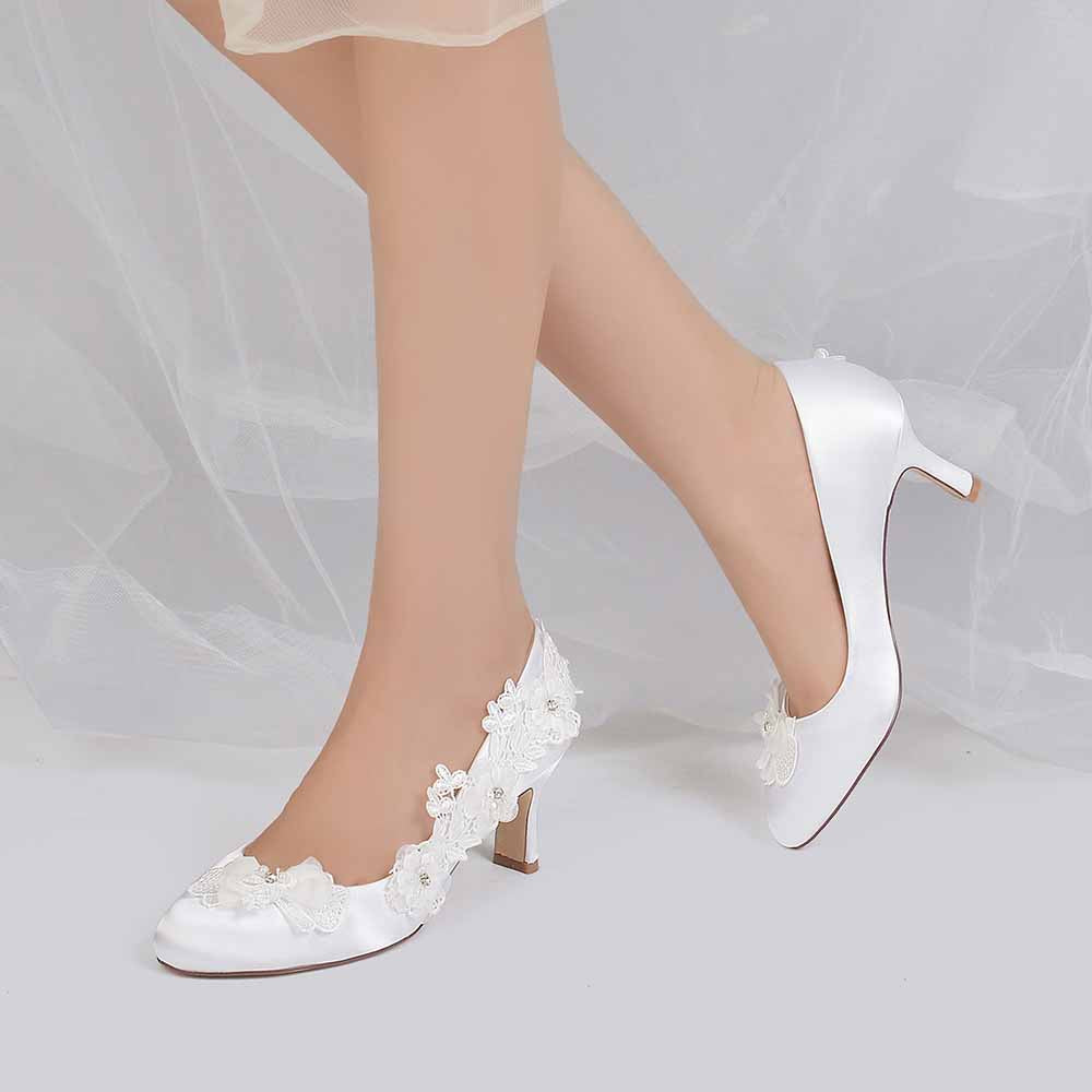 Women's Satin Wedding Shoes White Flower Appliqued Low Heeled Bridal Heels