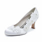 Women's Satin Wedding Shoes White Flower Appliqued Low Heeled Bridal Heels