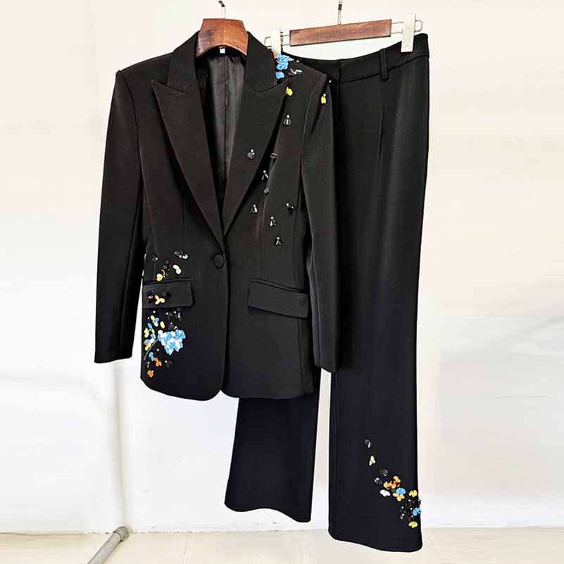 Sequin Flower Embellished Pantsuit Black Slim Fit Set Formal Suit